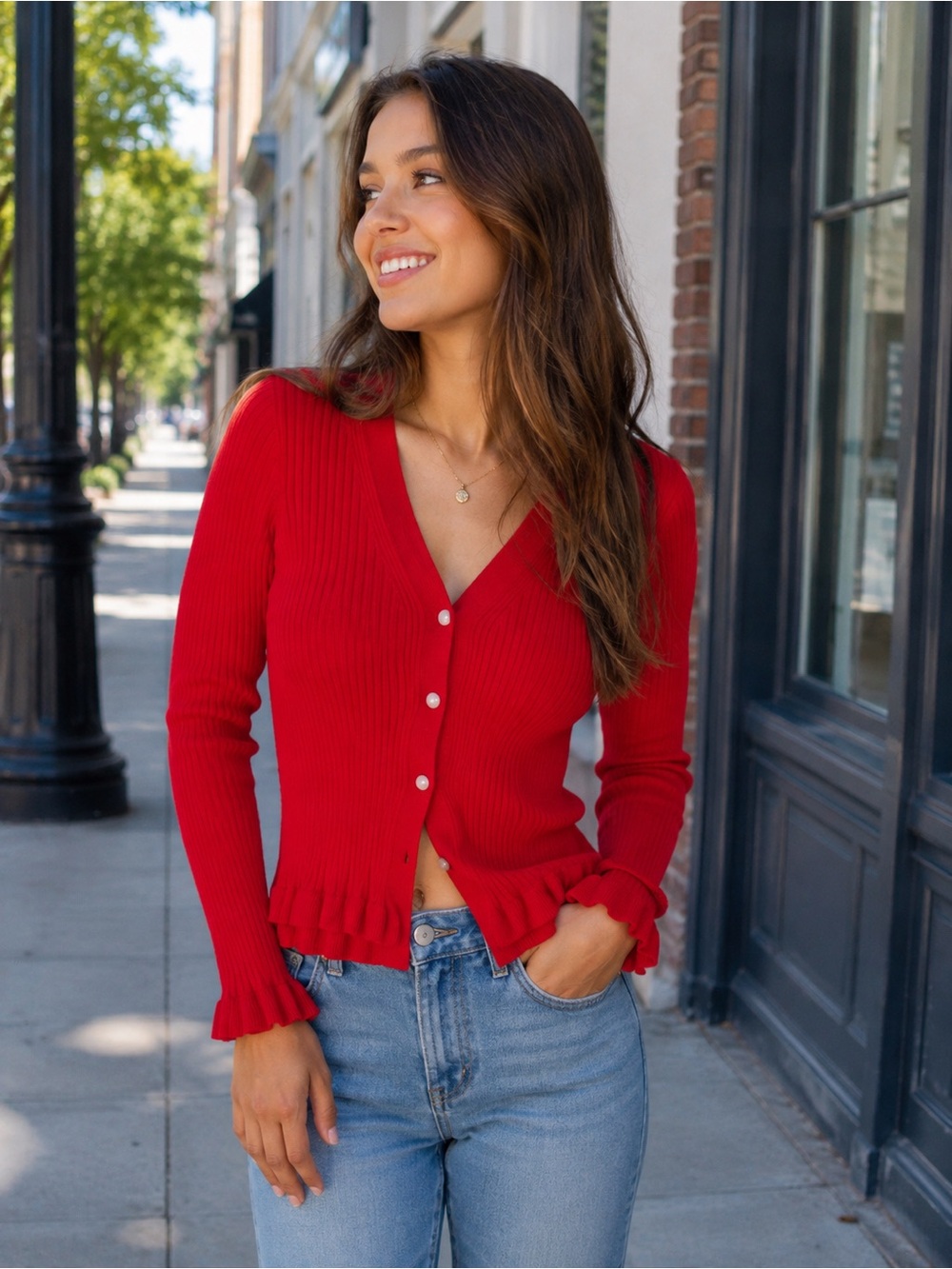 Commense Red Ribbed V-Neck Cardigan with Ruffle Hem
